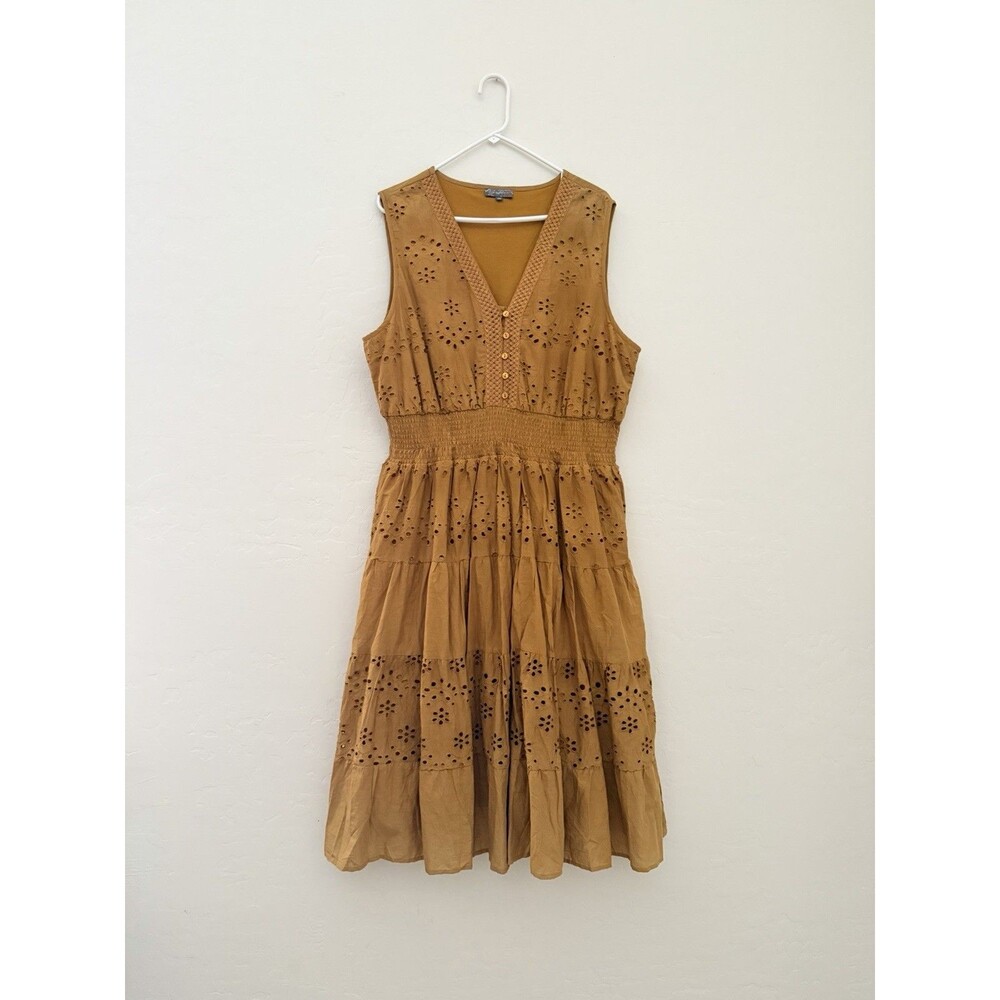 J. Glee Camel Eyelet Dress Womens 2X Plus 100% Cotton Smocked Tiered Boho Lined